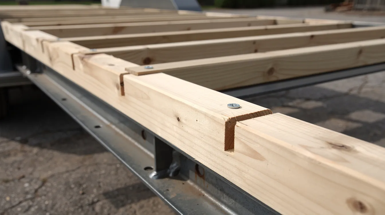 Fe4d85ef9a8640a1be9a454134538b27 A close up view of wooden floor joists is shown perfectly aligned over the steel trailer cross members of a tiny house trailer This structural base is essential for the tiny house build ensuring proper weight distribution and support for the future walls and roof