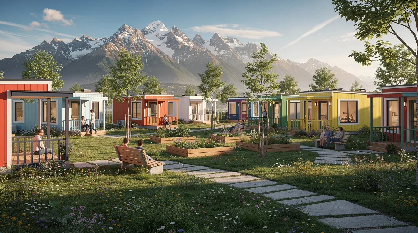 Ff78ca09bced4403b972ce91228cd653 The image depicts a vibrant cluster of tiny homes arranged around a shared courtyard set against breathtaking mountain views in Southeast Alaska This cozy community showcases creative design and offers residents a unique lifestyle filled with adventure and a sense of belonging