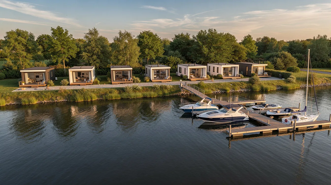 Ffa8cdf1103e488981b46f962f7318e8 The image depicts a picturesque tiny house community along the San Joaquin River featuring charming waterfront tiny homes and boats neatly docked at a nearby marina This serene setting highlights the beauty of tiny living in California with easy access to recreational activities like fishing and white water rafting