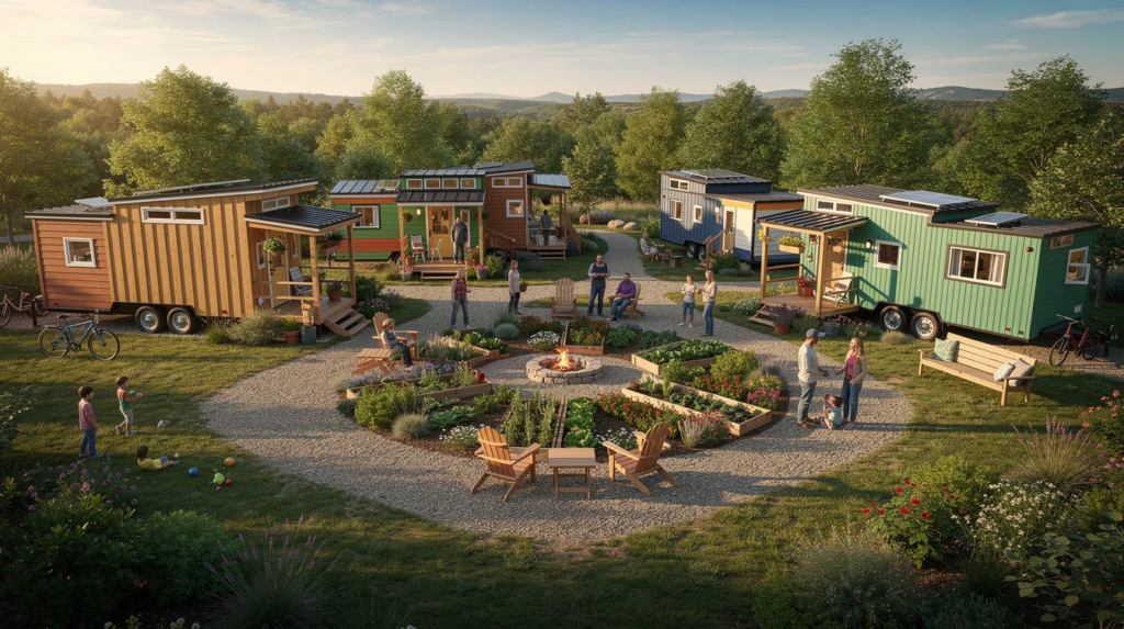 Image The image depicts a vibrant tiny house community in Maryland showcasing a variety of beautifully designed tiny homes and park models nestled together emphasizing sustainable living and a close knit community atmosphere The scene captures the essence of modern living in small spaces with each tiny house featuring unique styles and outdoor areas for residents to enjoy