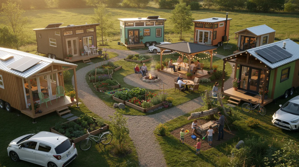Image The image depicts a vibrant tiny house community in Maryland showcasing a variety of beautifully designed tiny homes and park models nestled together emphasizing sustainable living and a close knit community atmosphere The scene captures the essence of modern living in small spaces with each tiny house featuring unique styles and outdoor areas for residents to enjoy