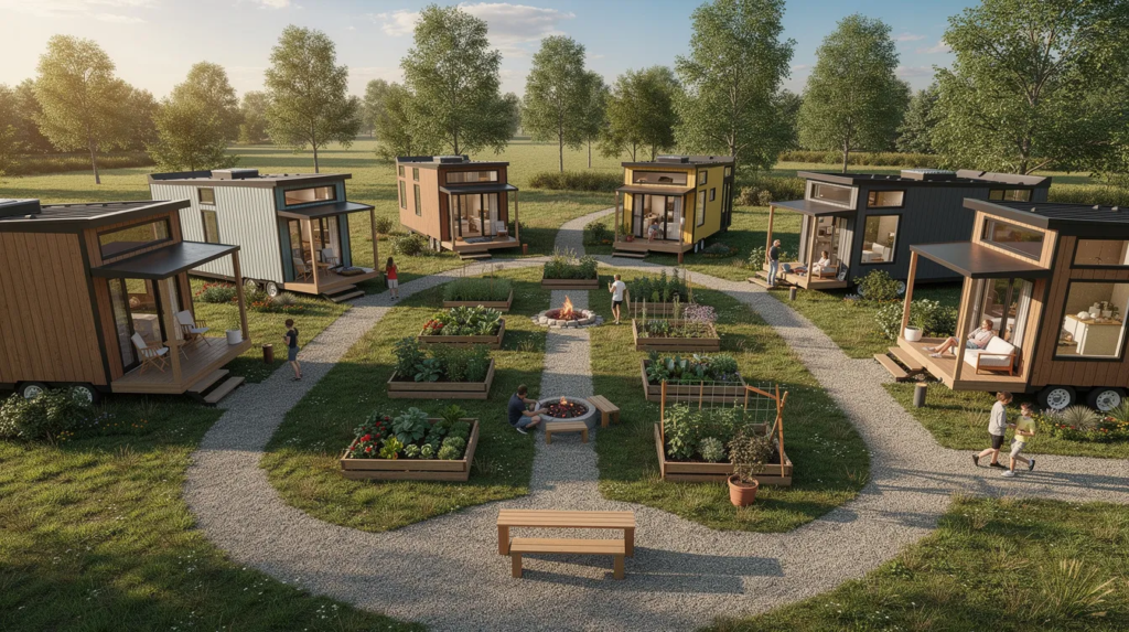 Image The image depicts a vibrant tiny house village in Indiana showcasing a collection of stylish tiny homes surrounded by lush greenery and community gardens Residents enjoy a cozy lifestyle in these high quality affordable living spaces reflecting the growing popularity of the tiny house movement