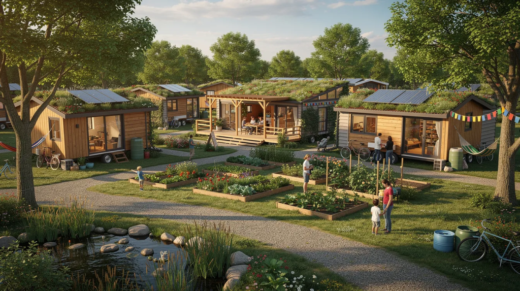 Image The image showcases an ecovillage tiny house community in Indiana featuring several stylish tiny homes surrounded by lush greenery and a community garden Residents enjoy a comfortable lifestyle in these small houses which are designed with high quality materials and modern amenities reflecting the growing popularity of the tiny house movement
