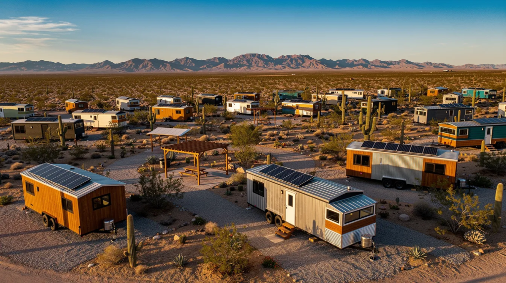 Image The image depicts a vibrant tiny home community in Nevada showcasing several modern tiny houses nestled among green spaces and communal areas including a dog park Residents enjoy the benefits of tiny living with full hookups and access to laundry facilities all while adhering to local building codes and regulations