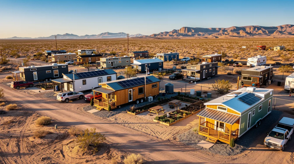 Image The image depicts a vibrant tiny home community in Nevada showcasing several modern tiny houses nestled among green spaces and communal areas including a dog park Residents enjoy the benefits of tiny living with full hookups and access to laundry facilities all while adhering to local building codes and regulations