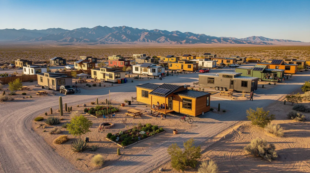 Image The image depicts a vibrant tiny home community in Nevada showcasing several modern tiny houses nestled among green spaces and communal areas including a dog park Residents enjoy the benefits of tiny living with full hookups and access to laundry facilities all while adhering to local building codes and regulations