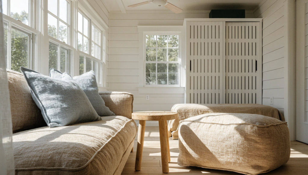 Bright tiny home interior A bright tiny home interior with white shiplap walls sandy beige linen furniture soft blue throw pillows and natural light streaming through large windows clean airy coastal minimalist style
