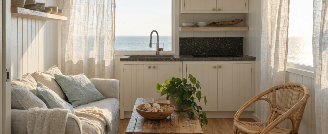 Coastal small home Cozy coastal living area with a beige sofa and throw light pillows a rustic wooden coffee table with shells a plant and a wicker chair plus a small white kitchenette and an ocean view through the window
