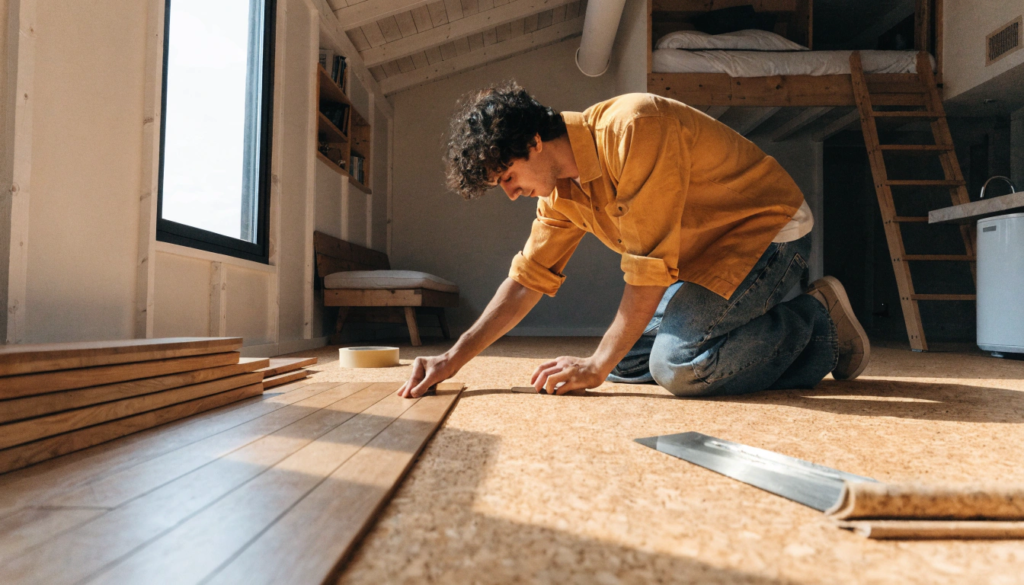 Floor underlayment A photograph of a man installing hardwood flooring in a modern tiny home highlighting the use of Eco Cork underlayment to emphasize DIY home improvement sustainability and craftsmanship