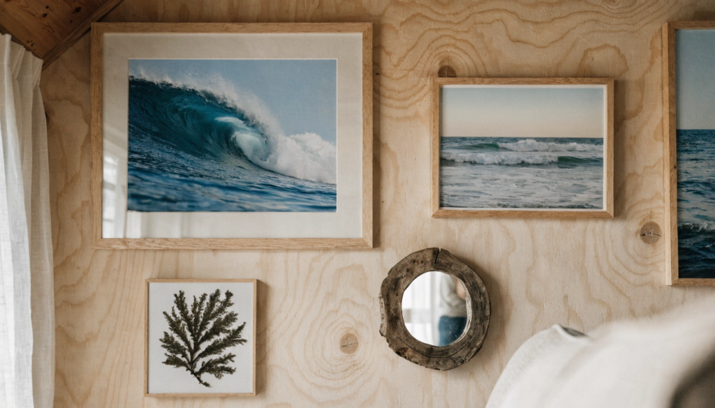 Gallery wall A tiny home gallery wall with a mix of framed ocean wave prints a pressed seaweed art piece and a small driftwood mirror soft blue white and warm wood tones simple and personal