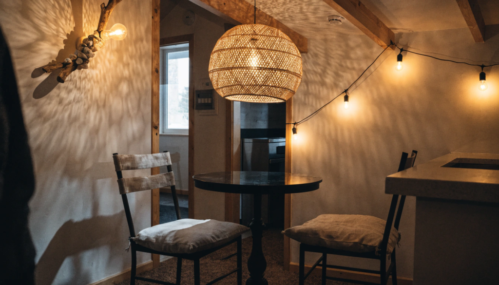 Home dining nook A tiny home dining nook with a large rattan pendant light overhead a driftwood wrapped wall sconce nearby warm Edison bulb string lights draped across the ceiling and a small round table with two linen cushioned chairs