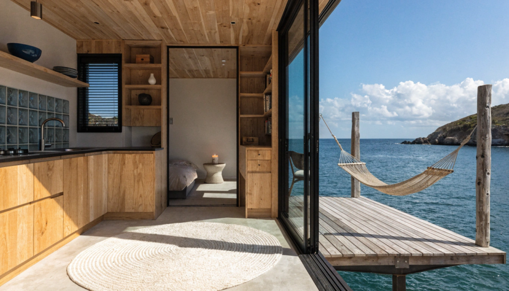 Open plan tiny home A tiny home with an open plan living and kitchen area wide sliding glass doors fully open to a small teak deck with ocean views a hammock strung between two posts and the interior and exterior blending seamlessly airy open coastal living