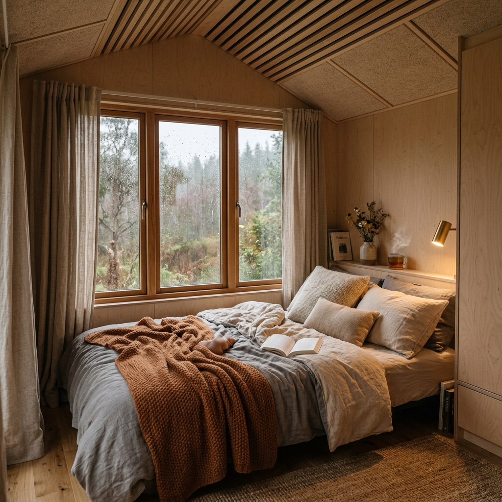 Quiet bedroom A cozy minimalist bedroom photograph featuring a rainy forest view warm wood textures and a comfortable bed with an open book evoking a sense of tranquil slow living comfort and relaxation