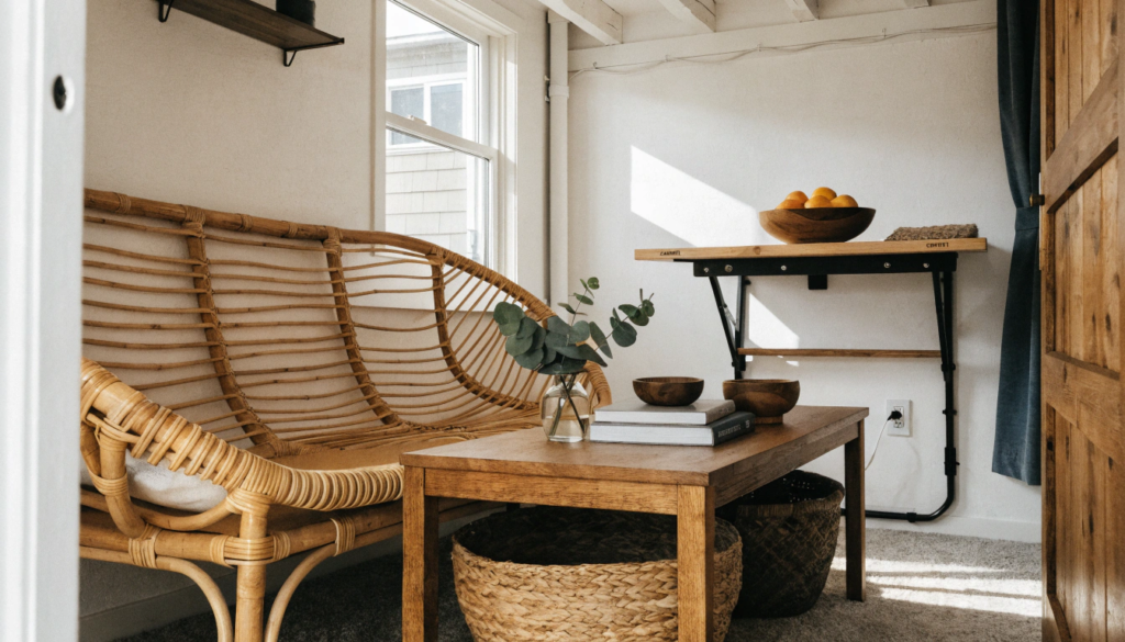 Rattan sofa A compact tiny home living area with a light rattan sofa that doubles as a guest bed a fold down dining table against a white wall and woven baskets underneath a wooden coffee table warm functional coastal style