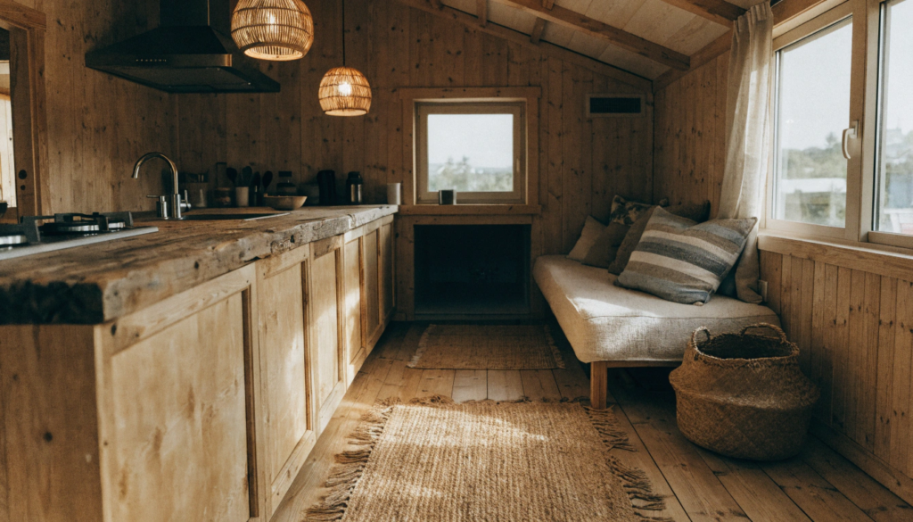 Reclaimed wood kitchen A tiny home interior featuring a reclaimed wood kitchen countertop bamboo flooring rattan pendant lights and woven jute rugs warm earthy sustainable coastal design in a compact space