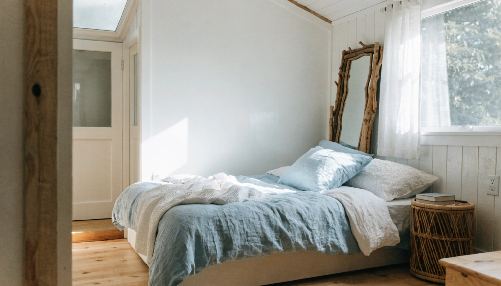 Shiplap walls White shiplap accent wall behind a low platform bed with linen bedding in soft blue and white tones a small rattan nightstand and a driftwood framed mirror bright coastal bedroom in a tiny home