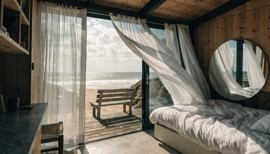 Sliding glass doors A tiny home interior with floor to ceiling sliding glass doors open to a small wooden deck overlooking the ocean sheer white linen curtains blowing gently and a large round mirror reflecting the natural light open breezy coastal