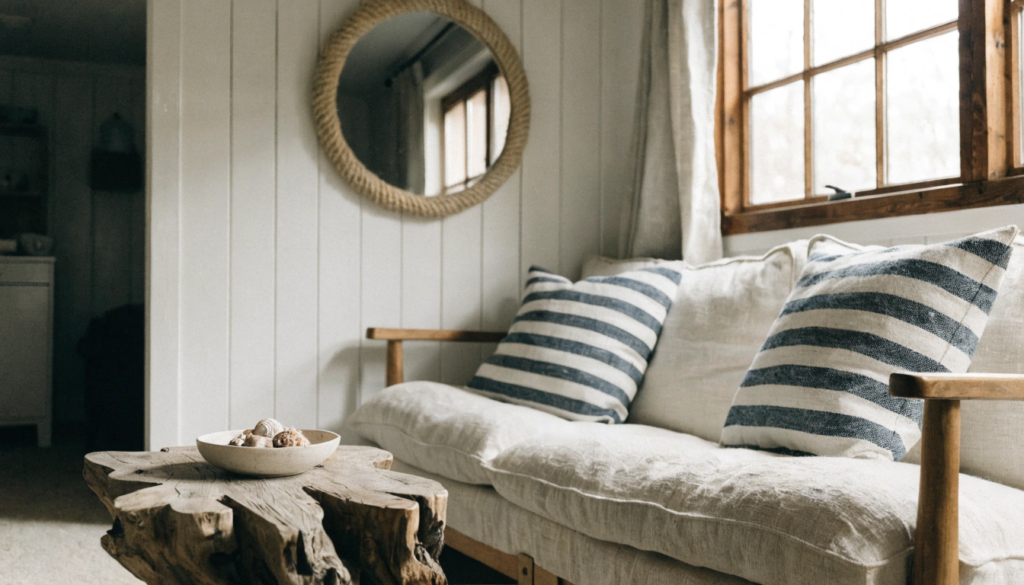 Striped throw pillow A tiny home living room with two navy and white striped throw pillows on a natural linen sofa a small bowl of gathered shells on a driftwood coffee table and a single rope framed mirror on a white shiplap wall calm subtle nautical style