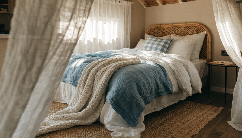 Tiny home bed A cozy tiny home bedroom with layered linen bedding in soft white and ocean blue a chunky knit throw at the foot of the bed a jute rug on the floor and a rattan headboard framed by sheer curtains relaxed warm coastal