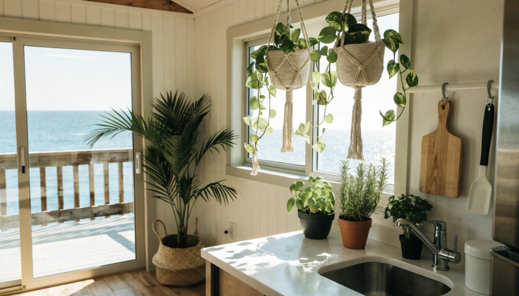 Tiny home corner A sun filled tiny home corner with hanging macramé planters holding trailing pothos a tall palm in a woven basket beside a sliding glass door and a small herb garden on a bright kitchen windowsill fresh green coastal