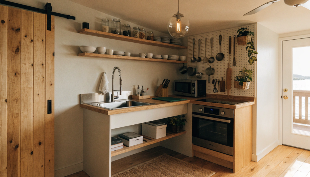 Tiny home kitchen A tiny home kitchen with open floating shelves lined with white dishes and glass jars a pegboard wall with hanging utensils and small plants and a jute rug on light hardwood floors organized coastal minimal clutter