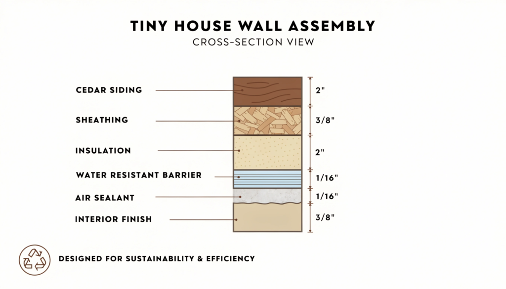 Wall insulation An educational cross section diagram of a sustainable tiny house wall assembly showcasing layers from cedar siding to interior finish in a clean professional and minimalist studio setting