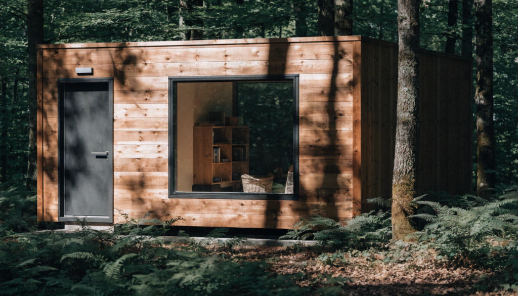 Aphotographofamoderntinyhomeexteriorfeatur A photograph of a modern tiny home exterior featuring natural cedar siding a dark grey door and a large window evoking a sense of cozy minimalist and sustainable living in a forest setting