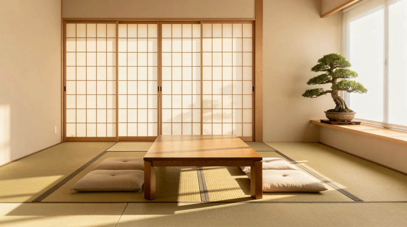 00637de086884ac9ba137ece541e2616 The image depicts a minimalist Japanese style room featuring tatami flooring and a low wooden table surrounded by cushions Soft afternoon light filters through sliding shoji screens illuminating a small potted bonsai placed near the window creating a serene and elegant atmosphere that reflects traditional Japanese culture