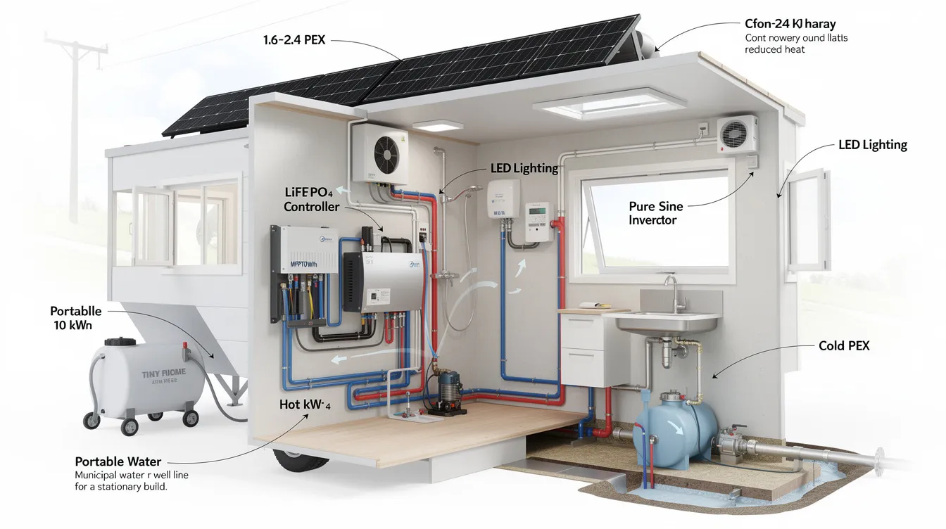 01453aebec7c43d299114828e1092672 This image showcases the intricate electrical and plumbing systems designed for tiny homes highlighting modern features like monocrystalline solar panels LED lighting and durable PEX piping The setup emphasizes the importance of efficient load planning and ventilation for a cozy and sustainable tiny living experience