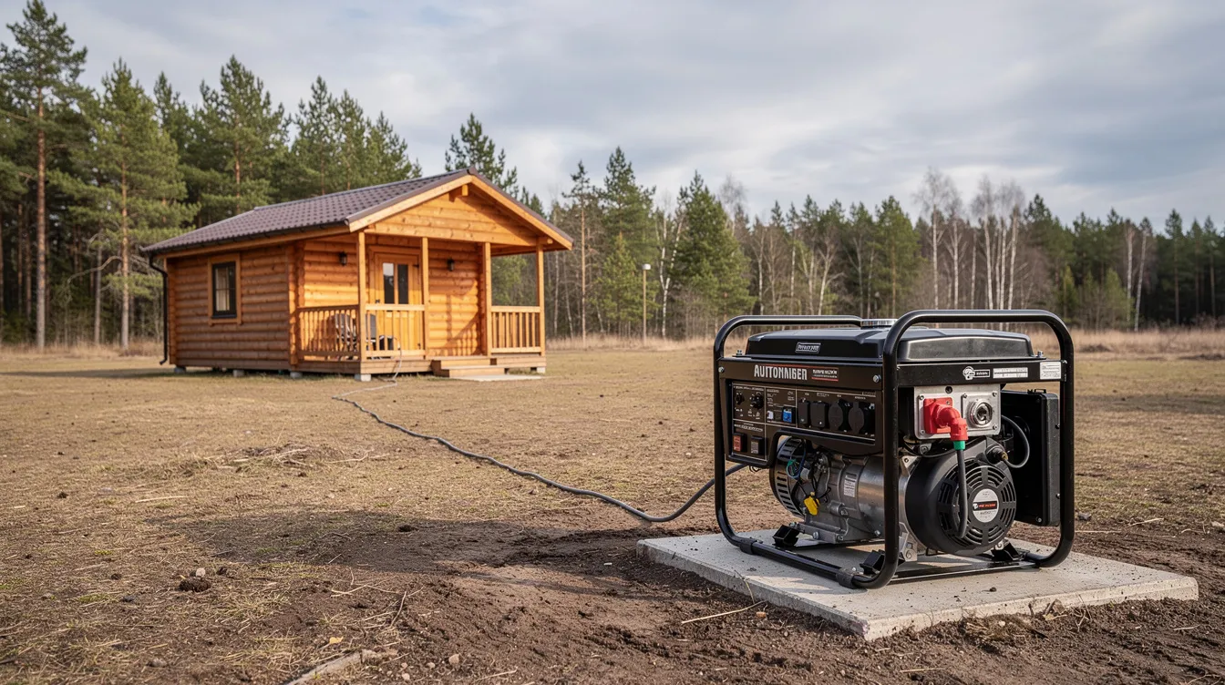 02aa61739bd8473185a5b132c19aecd3 The image shows a portable generator positioned outdoors on flat ground safely distanced from a small cabin ensuring proper clearance This setup highlights a practical power solution for tiny homes emphasizing off grid living and energy efficiency