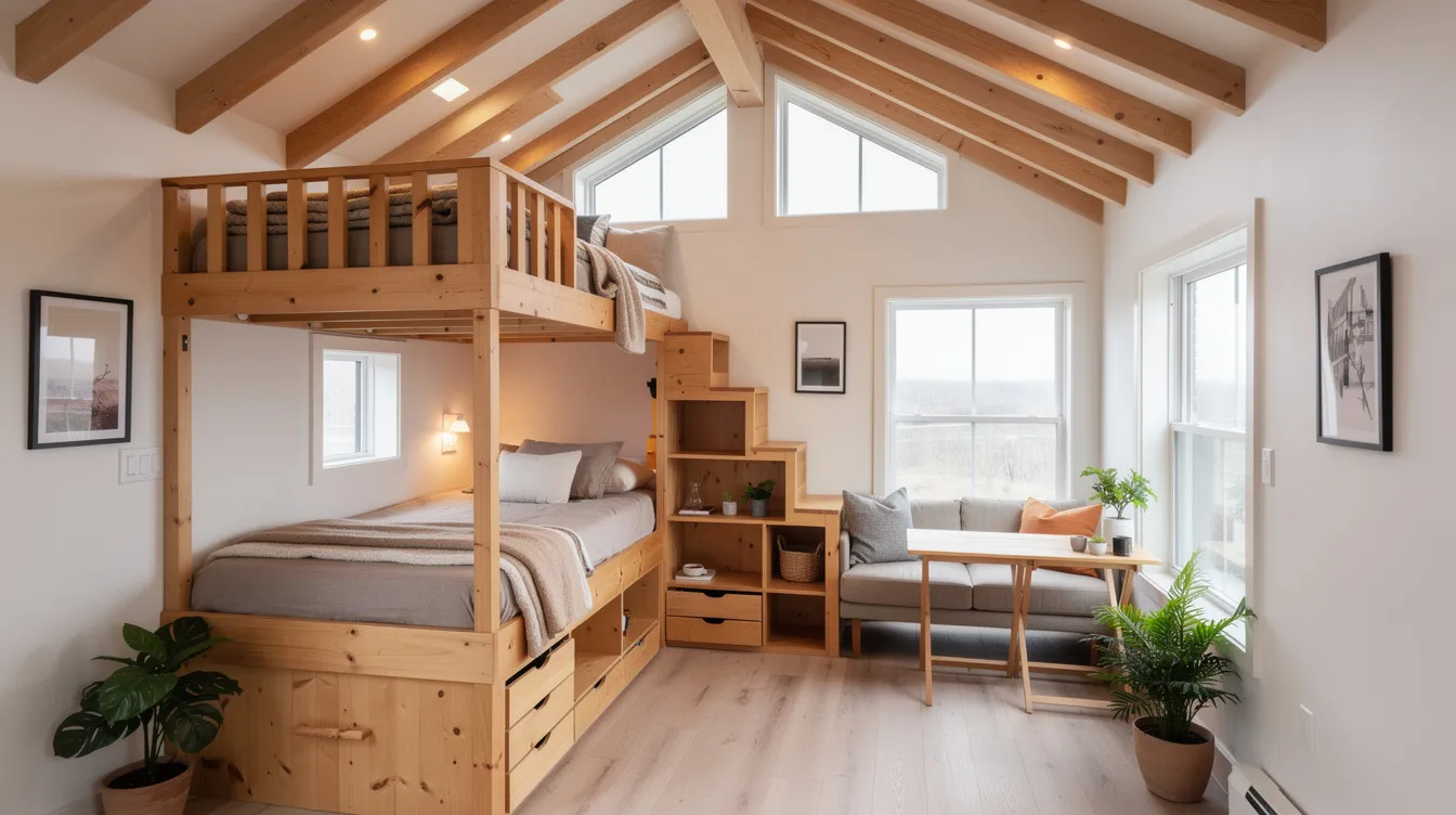 02d34a85d4224a288c8a2fc85472c395 The interior of a cozy tiny house features two wooden lofts at different heights connected by built in stairs ideal for accommodating growing families Natural light floods the living area which includes clever storage solutions and a dining table creating a functional space for the whole family to enjoy