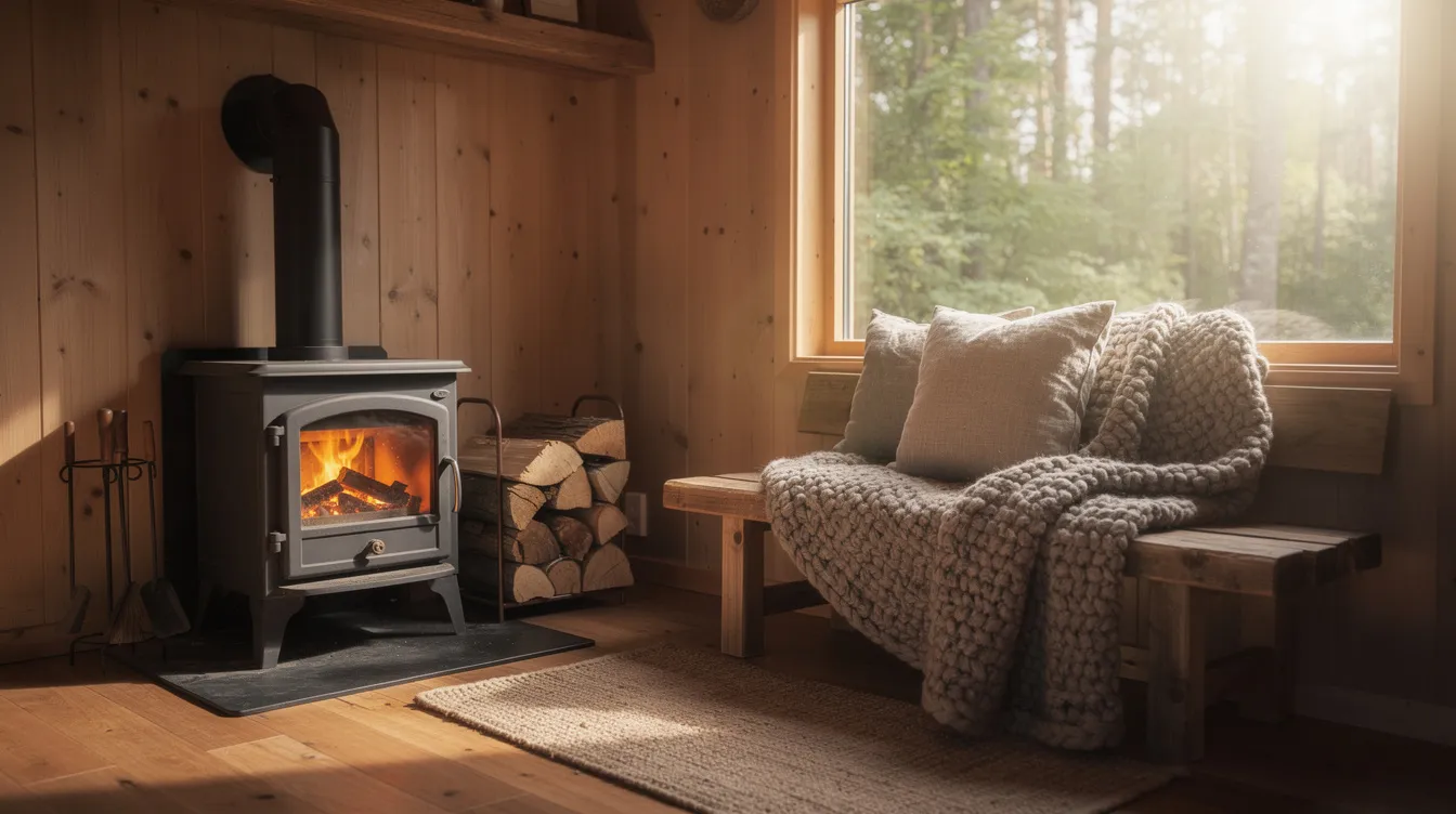 03554c3c011b4341b8ee88b9a8f90434 The image depicts a cozy tiny home interior featuring a small cast iron wood stove radiating warmth beside a wooden bench and a large window creating an inviting atmosphere in this small space The soft glow of the wood burning stove enhances the charm of the room making it a perfect spot for relaxation