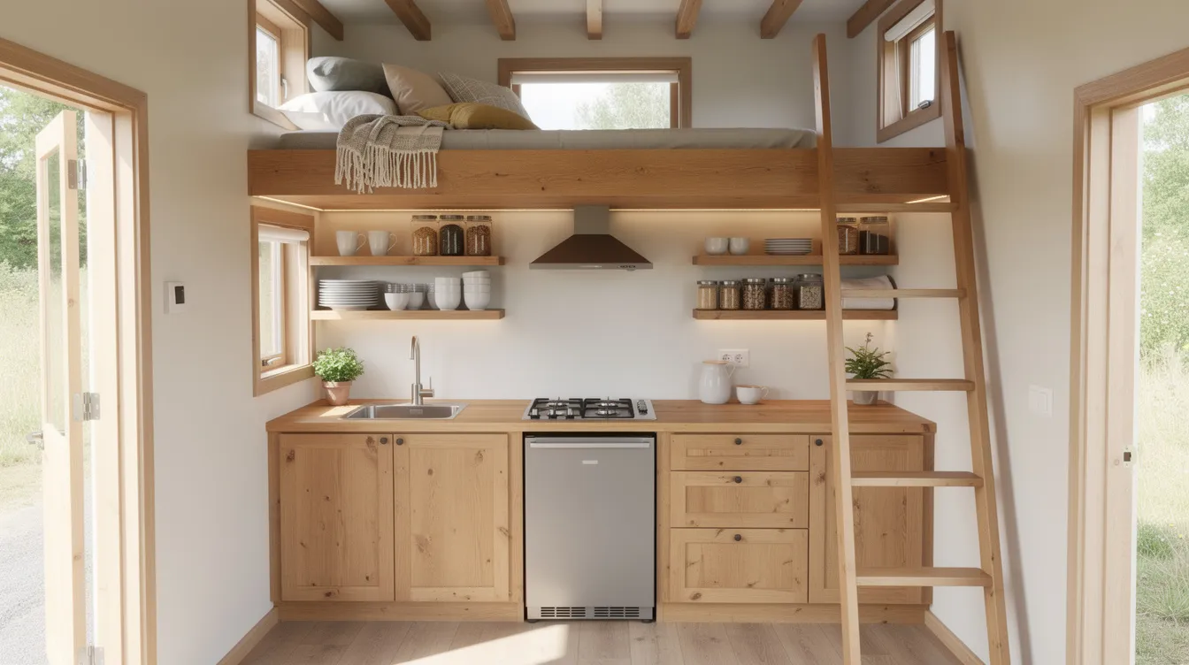 0398ec618f484fff8a750b99e742e29a The image showcases the interior of a tiny house on wheels featuring a compact kitchen with elegant wood cabinetry and a cozy sleeping loft above The design emphasizes efficient use of limited space reflecting the principles of the tiny house movement with its open floor plan and natural light from large windows