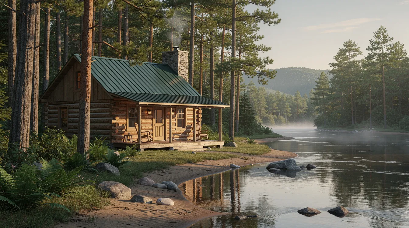 03b25501516944a8853d696c8d310202 A rustic log cabin with a covered porch is nestled among tall pines overlooking a winding river in northern Michigan This charming structure exemplifies the craftsmanship of Amish built cabins offering a peaceful retreat surrounded by nature