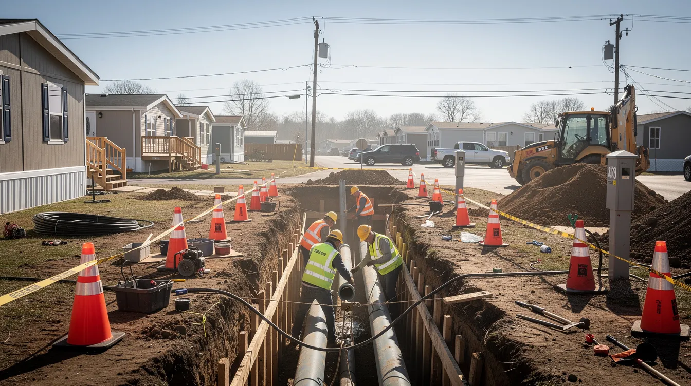 040e11dd31d14b2c9089a61a75eb6fec Utility workers in hard hats are seen installing new underground infrastructure in a residential mobile home park ensuring the delivery of essential utility services such as electricity and natural gas to the community This work is crucial for maintaining the utility system and enhancing energy efficiency for current residents