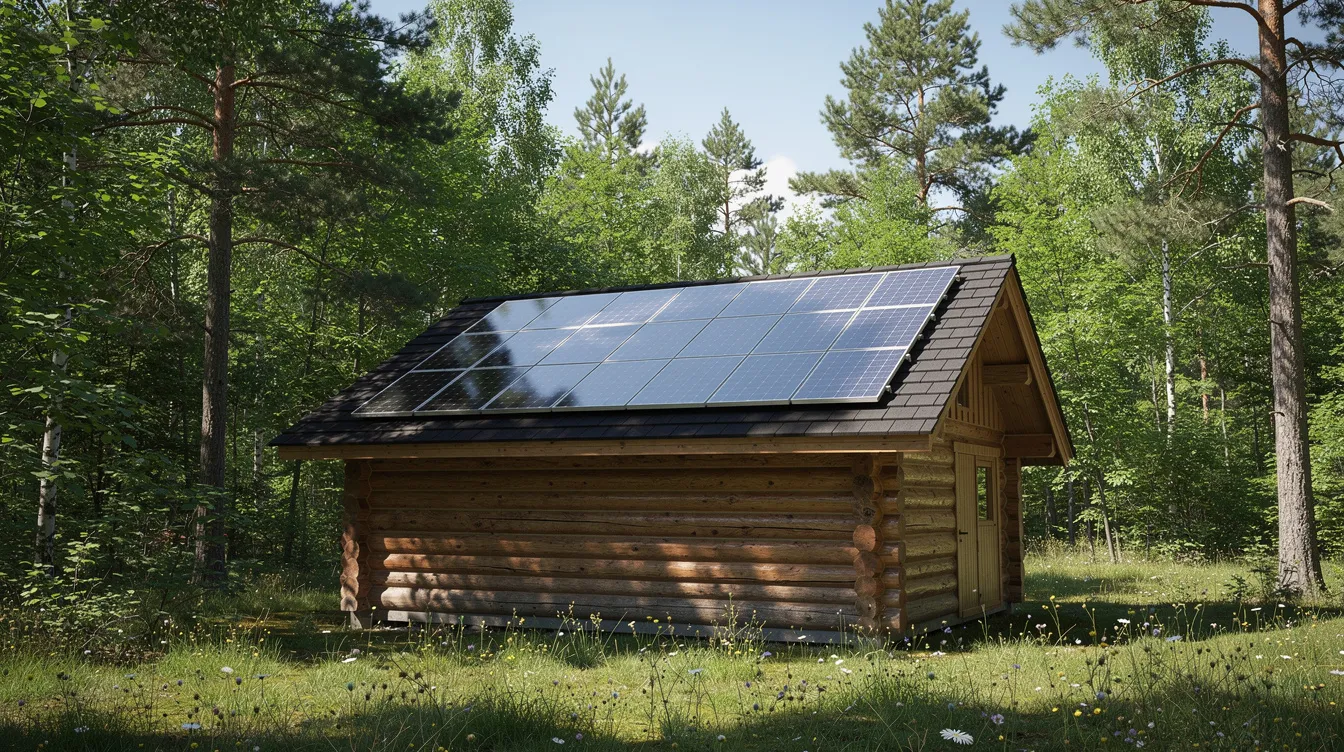 04ecabfa764e4d04b8760c6c65b03232 A tiny home with a sturdy construction features a solar panel array mounted on its roof surrounded by lush trees This cozy cabin is designed for sustainable living providing electricity and plumbing for a comfortable lifestyle