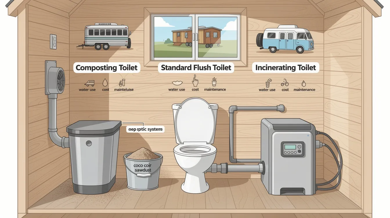 059317c27425474e8ae0d72ab1fa7ce3 The image showcases various toilet options for tiny house bathrooms highlighting the differences between composting toilets standard flush toilets and incinerating toilets It emphasizes the compact design and functionality of these toilets which are essential for maximizing space in a tiny home