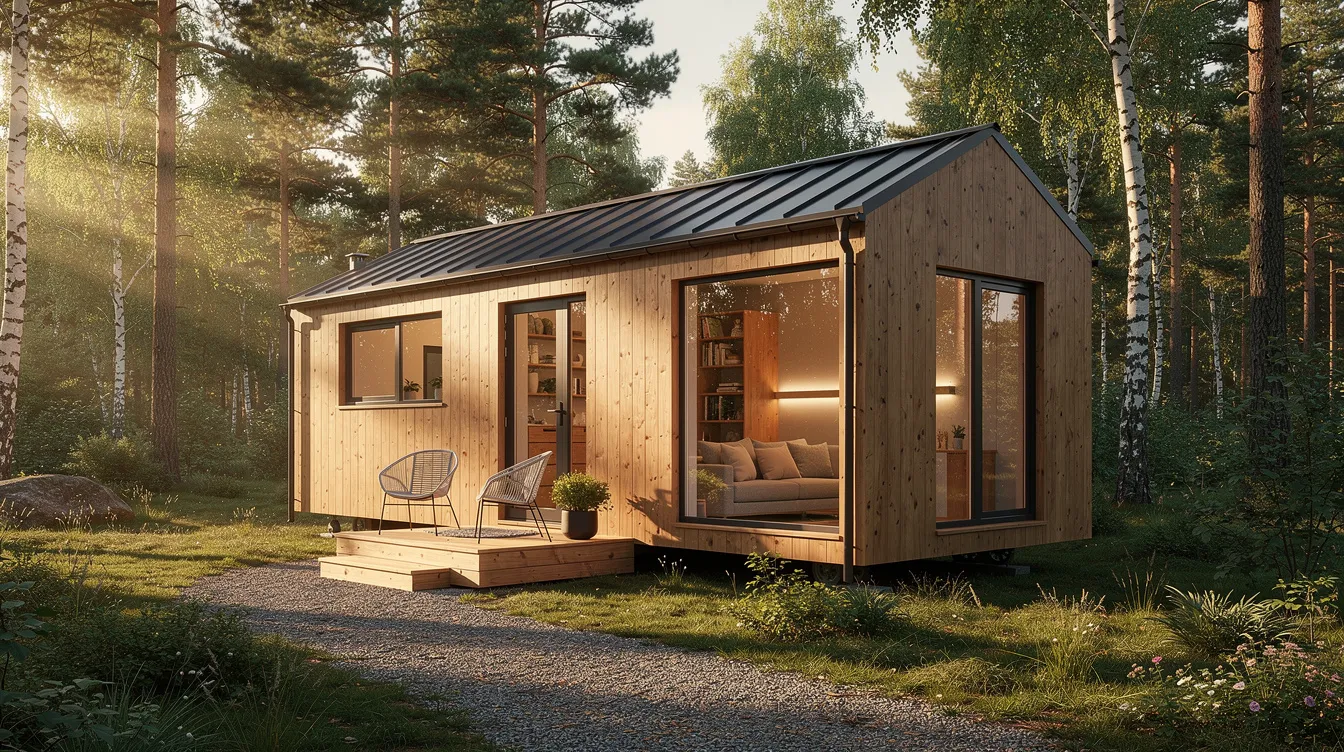 The image depicts a cozy tiny house nestled in a scenic location, showcasing modern design elements and energy-efficient features. With a welcoming front door and a compact layout, this tiny home exemplifies the tiny house journey, offering great ideas for those interested in building tiny houses or living a more affordable lifestyle.