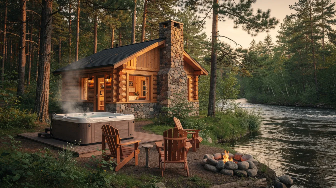 06f67d45f4954a61ab00394110dff491 The image depicts a cozy one bedroom cabin nestled in the woods of Broken Bow showcasing rustic timber walls and stone accents with large windows offering serene riverfront views The cabin's interior features pine furnishings, creating a warm and inviting atmosphere perfect for nature lovers seeking a tranquil retreat near Beavers Bend State Park.