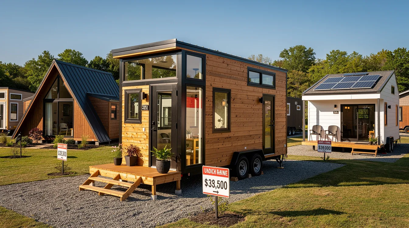 089d2582a177426e8c94ee8cf7ce7875 The image showcases a variety of tiny homes under 40k highlighting their unique features such as compact kitchens and bathrooms all designed for efficient use of space These small homes on wheels are perfect for those searching for affordable living options across different states