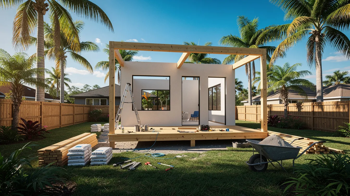08c40b1f4edf4367b1010249c3100d5c A small modern cottage is under construction in a sunny Florida backyard surrounded by palm trees and various construction materials highlighting the affordable housing options in St Pete This scene reflects the growing tiny house community in Pinellas County where families can explore new property opportunities