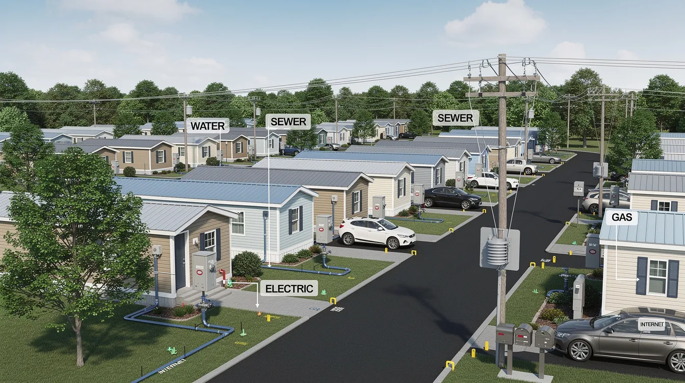 0973fe74cbf14861b58e5fa542aca790 The image depicts a well maintained mobile home park showcasing various manufactured homes with visible utility meters for electric and water service Residents can be seen interacting with park management discussing utility bills and energy efficiency programs to help reduce their monthly expenses