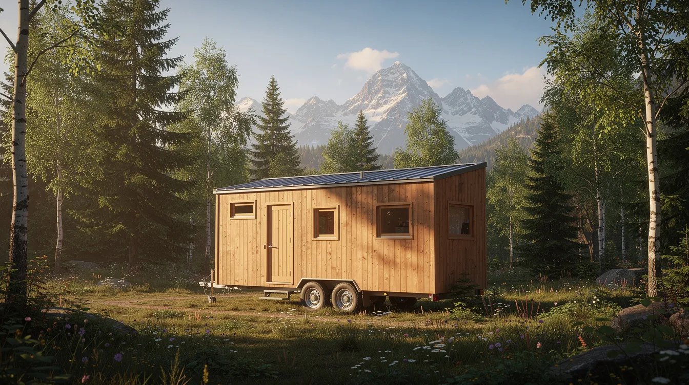 0a4671a94db04e16a8350777779ae053 A small wooden tiny home on wheels is parked in a serene forest clearing surrounded by tall trees and with majestic mountains rising in the background This modern tiny mobile home features a cozy porch showcasing quality craftsmanship and a spacious design that reflects a comfortable lifestyle