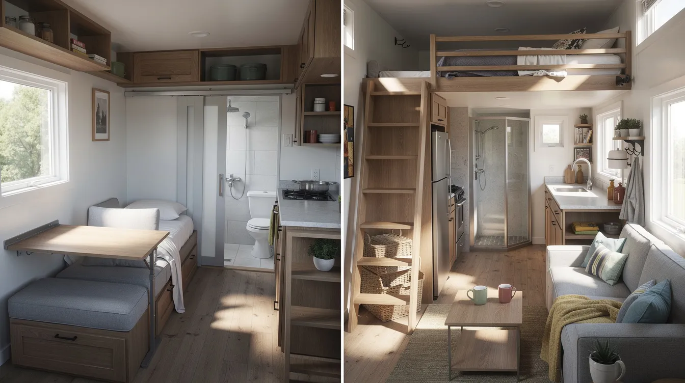0a5848dde065453f96b34d7ed5c5c886 The image depicts a cozy interior of a tiny house showcasing a multifunctional living space where the bed converts into a sofa and a foldable dining table is mounted on the wall This small home emphasizes efficient use of space featuring a compact kitchen a wet bath and clever storage solutions illustrating the contrast in comfort and livability between tiny houses and micro homes