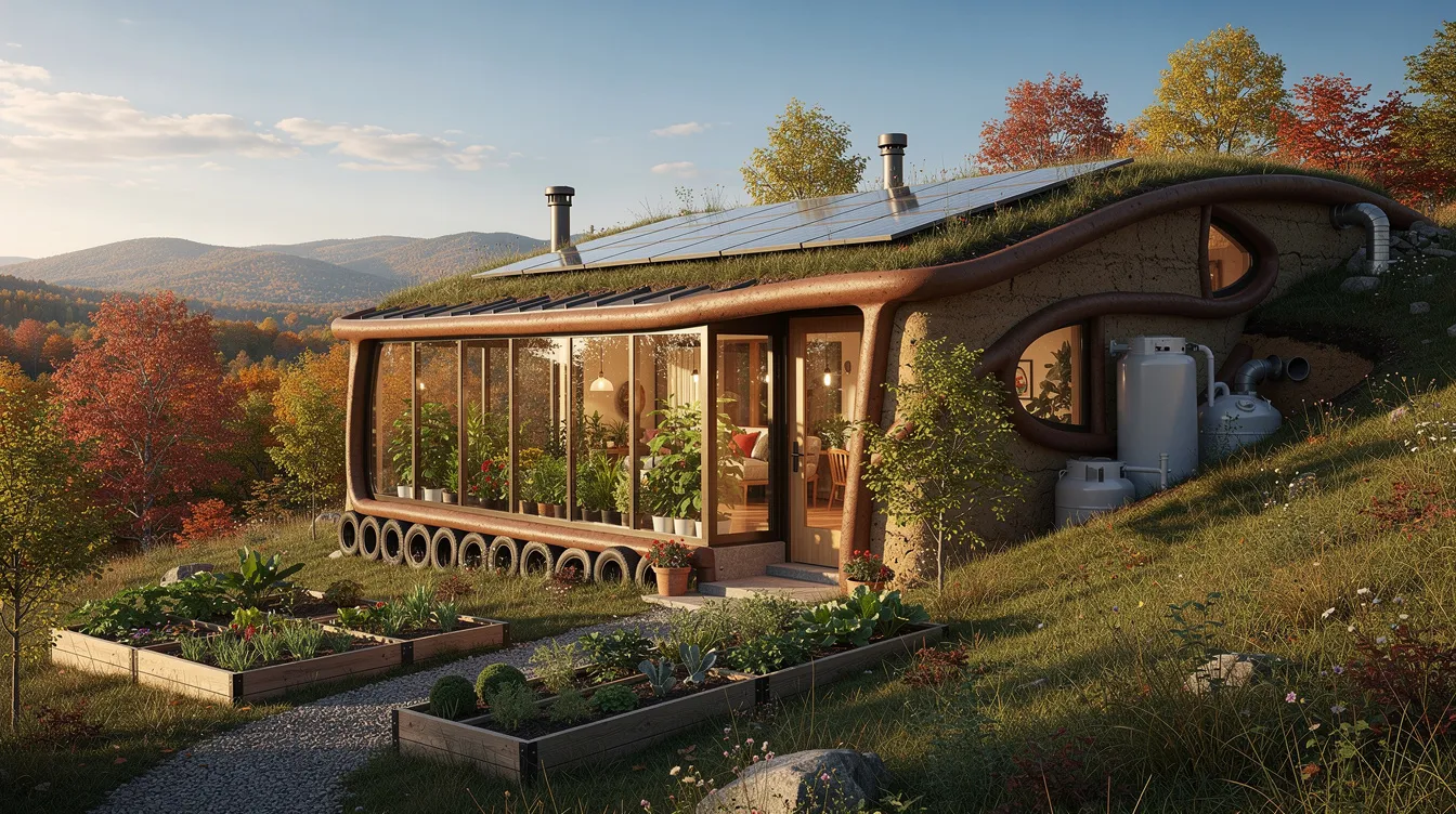 0adb3e6d23f64db395ea6a63136a79c6 The image showcases the Earthship New York a sustainable home constructed in upstate New York using recycled materials such as car tires and liquor bottles This passive solar home exemplifies earthship biotecture featuring thick walls for thermal mass and a natural design that harmonizes with the surrounding landscape