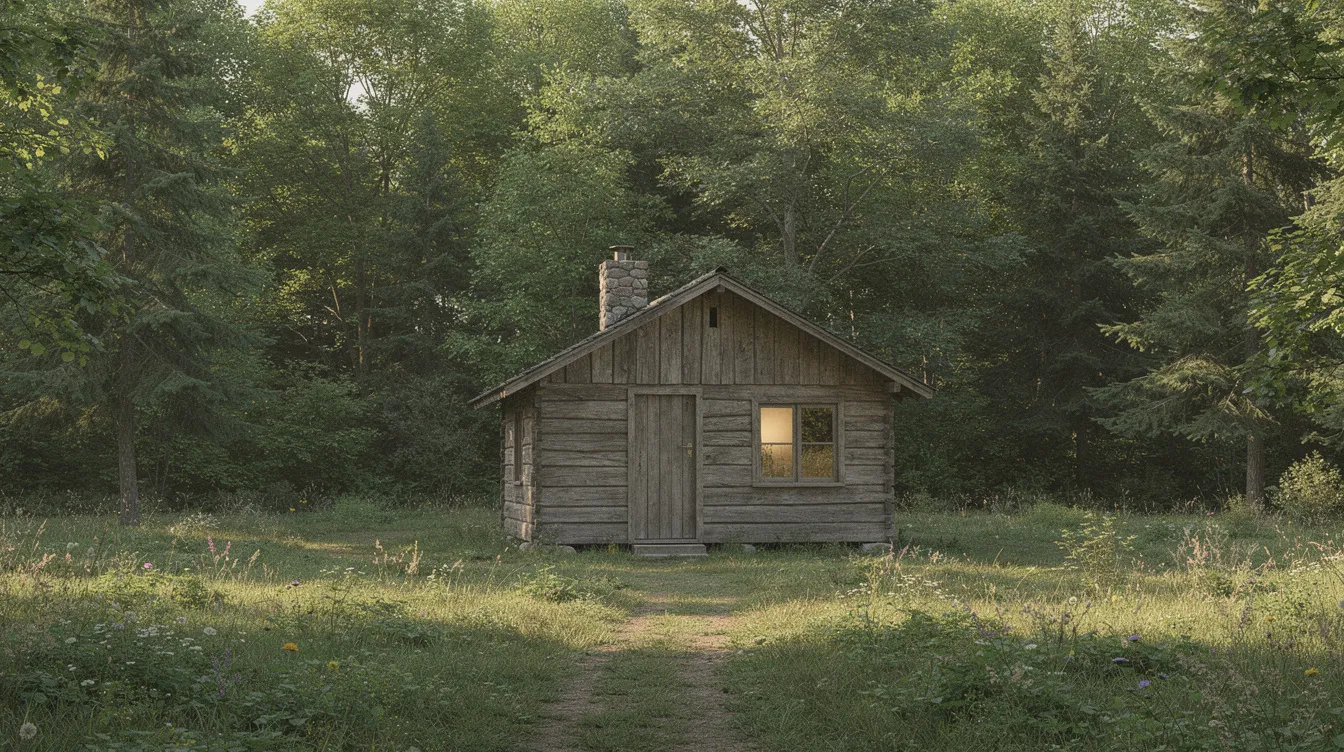0b4d2fba019742a98c299c58070456d0 A small wooden cabin sits in a forest clearing surrounded by tall trees and a grassy yard ideal for a peaceful retreat The cabin may utilize a small septic system for efficient waste management ensuring proper disposal of liquid and solid waste in this serene natural setting