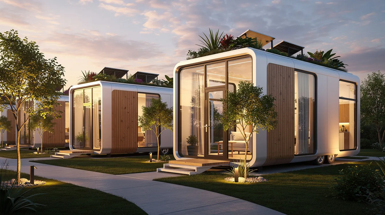 0b6cfa3bd91b415c923d4c1e221e4872 The image showcases a next generation tiny house featuring a sleek and modern design with solar panels on the roof emphasizing sustainable living Inside the spacious layout includes multifunctional furniture and smart features highlighting the endless possibilities of tiny home living for growing families and individuals seeking an affordable lifestyle
