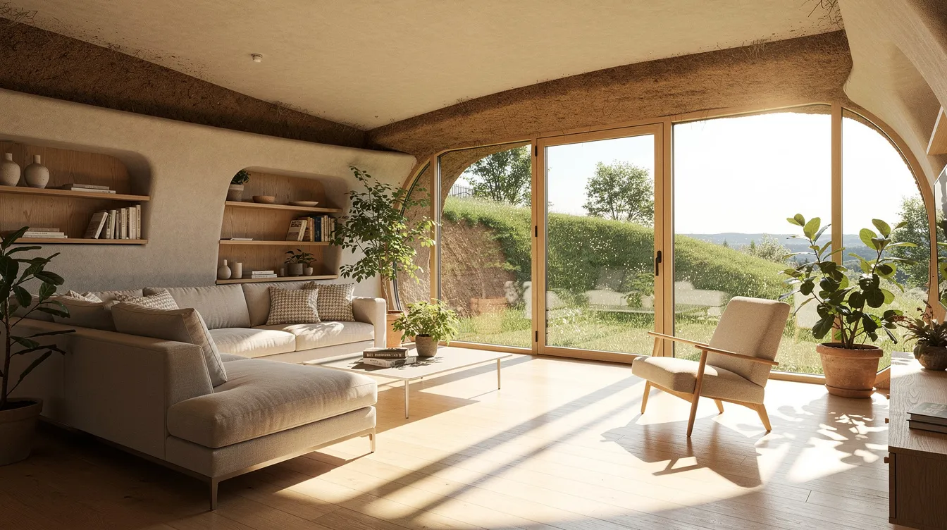 0d9234360d984a519dc33b3a8c7ccfaa The image depicts the sunlit interior of an earth sheltered home featuring a large south facing window wall that allows daylight to flood the space which is furnished with comfortable modern furniture This energy efficient living space showcases the benefits of earth sheltered construction blending seamlessly with the natural environment