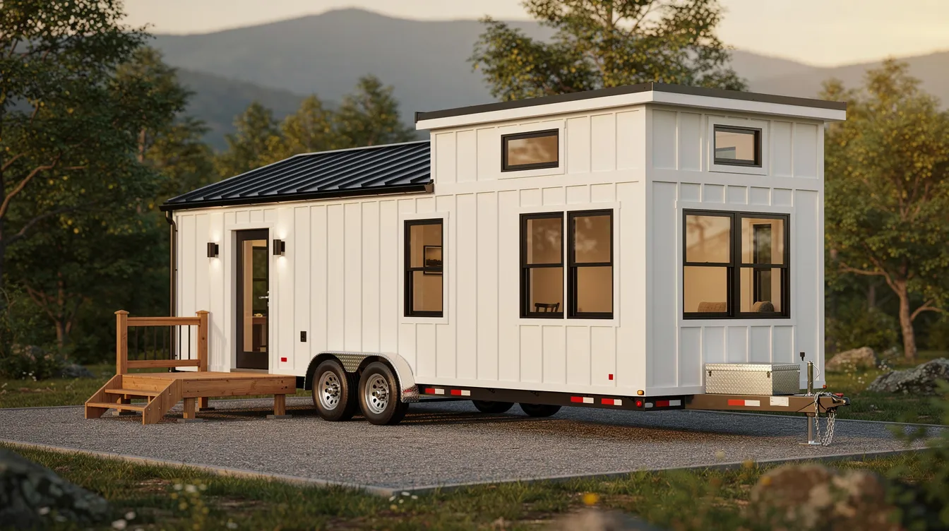 0e567bff302e4cea9b1a4b78f21d47f8 The image depicts a 26 ft tiny house trailer featuring a sturdy trailer frame designed for a tiny house project It showcases the main frame with wheel wells and a custom build emphasizing the high quality materials used for durability and functionality