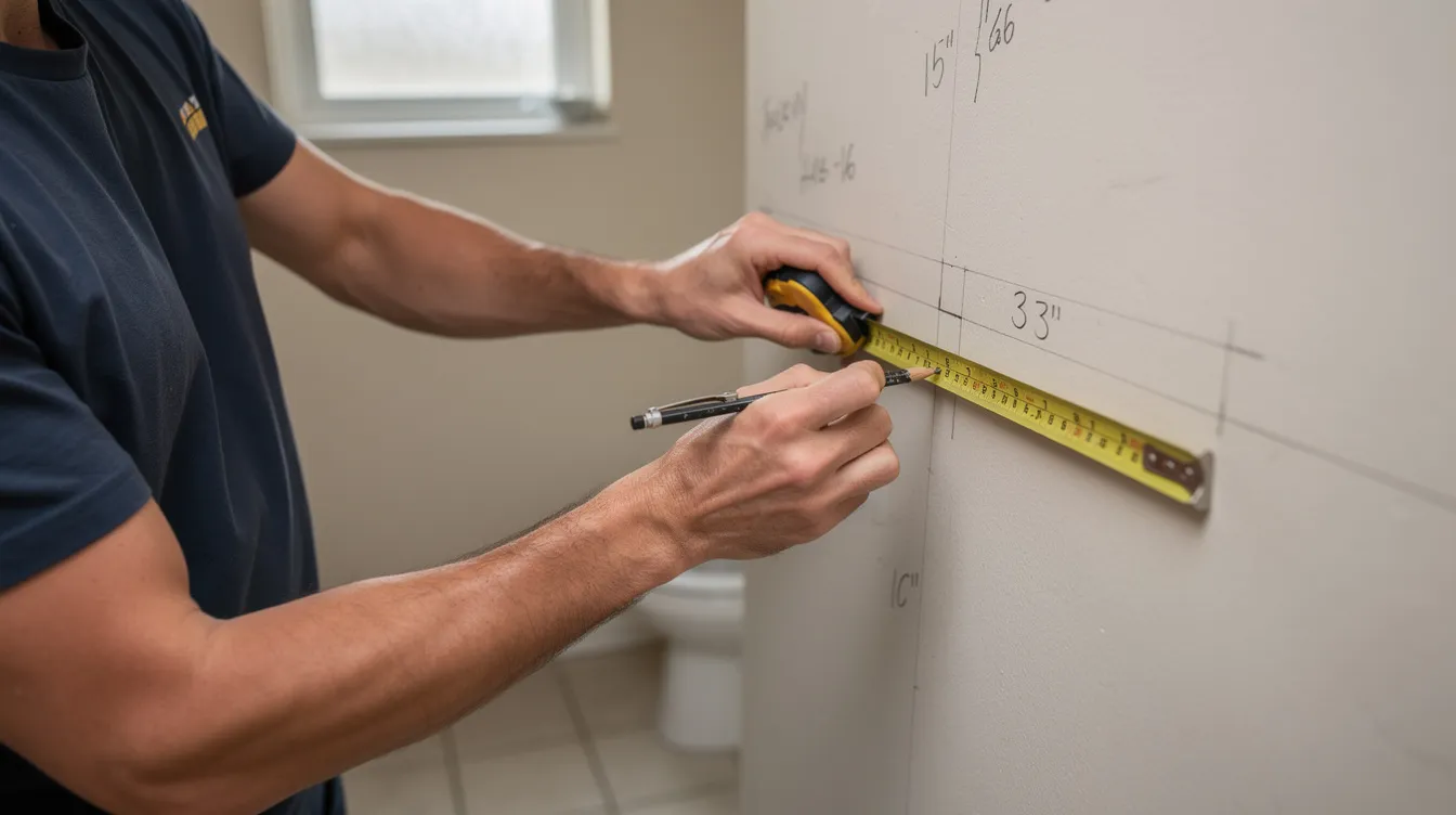 0ef24a94518e46bf9db25fc876101ac2 A person is holding a tape measure against a small bathroom wall carefully marking clearance distances for the installation of a sink or cabinet The scene captures the meticulous planning involved in optimizing space in a tiny bathroom